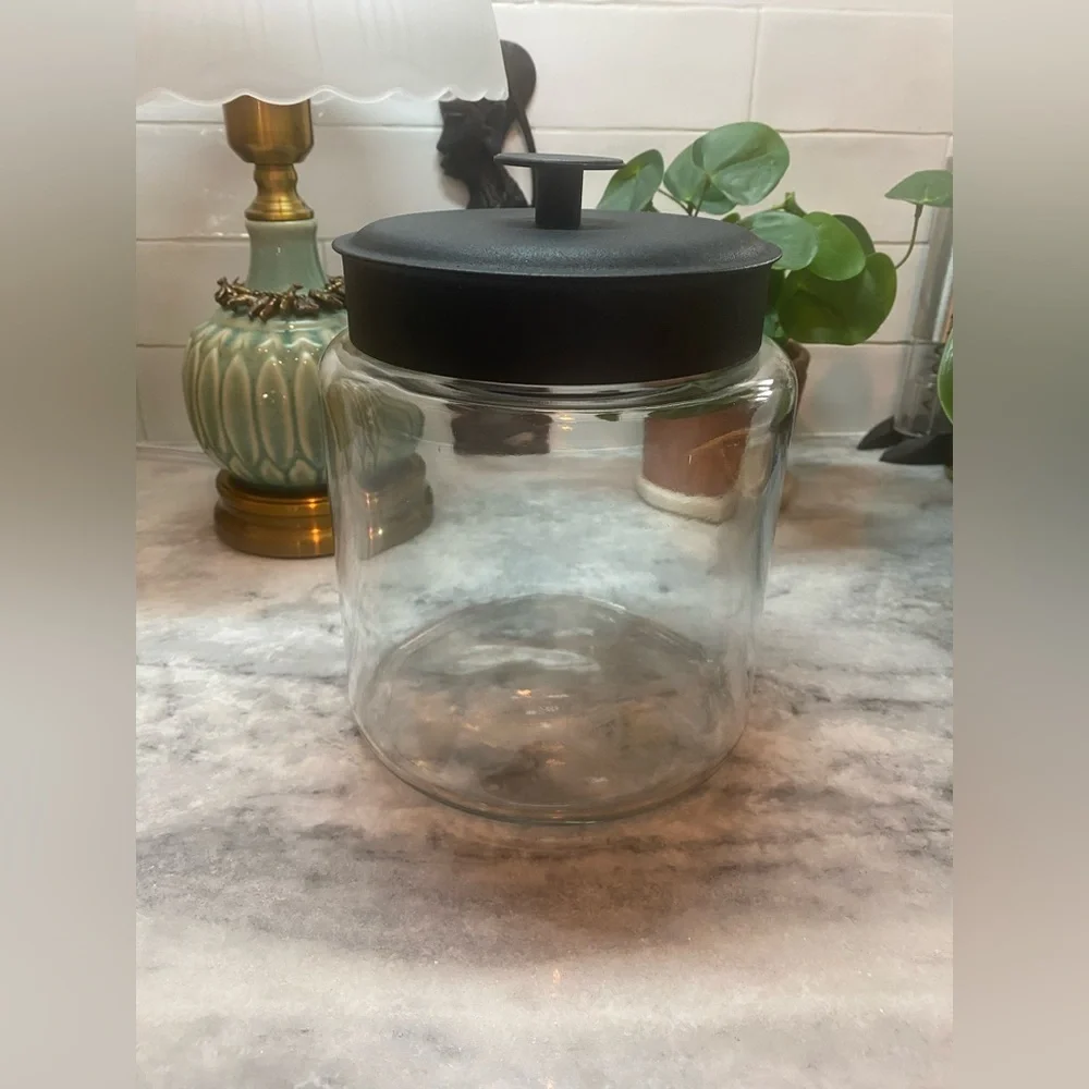 Pier 1 96 oz Glass Kitchen Canister w/ Black Lid Modern Storage Jar